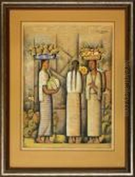 Three Women Withbaskets Of Fruit Oil Painting by Alfredo Ramos Martinez