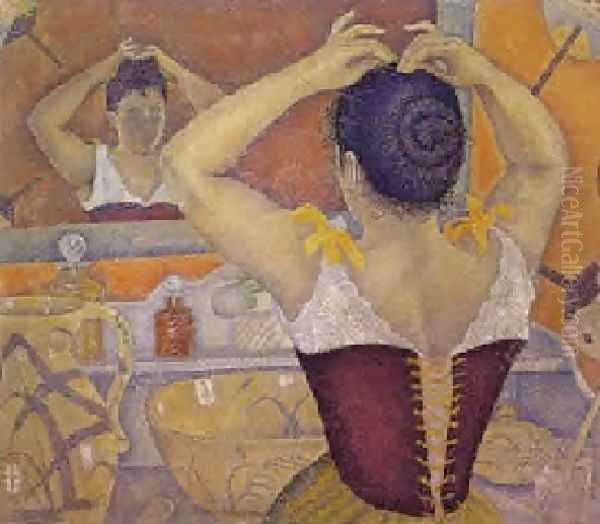 Woman at her toilette wearing a purple corset, 1893 Oil Painting by Paul Signac