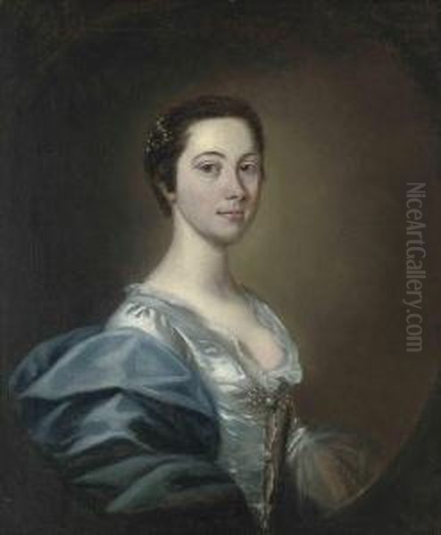 Portrait Of A Lady, Half-length,
 In An Oyster Satin Dress Withpearl Ornaments And A Blue Wrap Oil Painting by Allan Ramsay