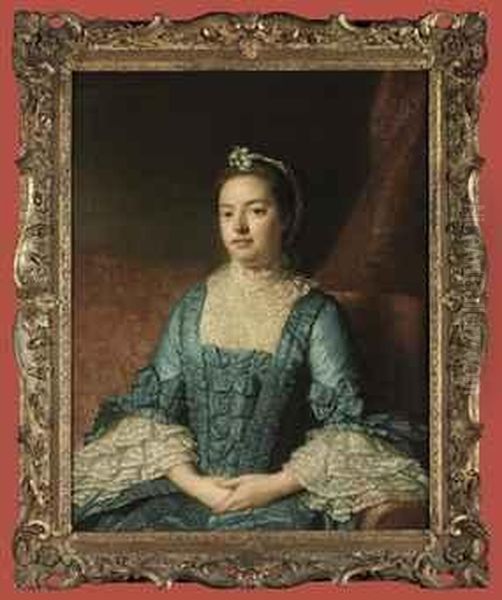 Portrait Of Sarah Verney (b. 
C.1733), Half-length, In A Blue Dresswith Bows, With A Lace Bodice And 
Cuffs, Seated On A Red Sofa, Adraped Curtain Beyond Oil Painting by Allan Ramsay