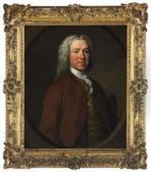 Portrait Of Richard Powney, 
D.c.l (b. C.1702), Half-length, In Abrown Coat, Gold-emroidered 
Waistcoat And White Stock, With Atricorne Hat Under His Arm, In In A 
Sculpted Cartouche Oil Painting by Allan Ramsay
