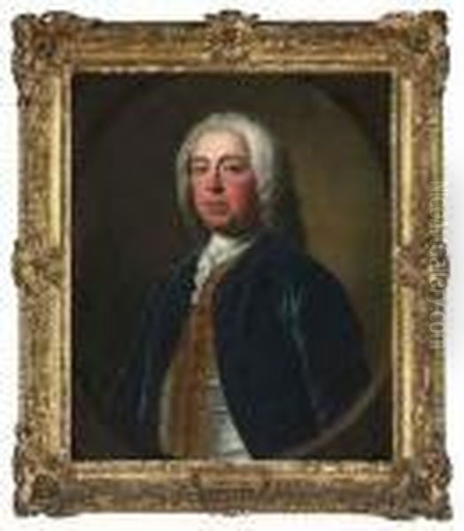 Portrait Of Penistone Powney, 
M.p. (c. 1699-1757), Of Ives Place,middlesex, Half-length, In A Blue 
Velvet Coat, With Agold-embroidered Waistcoat And A White Stock Oil Painting by Allan Ramsay