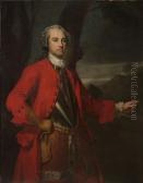 Portrait Of An Officer, Possibly Major William
Caulfeild, Three-quarter-length, Wearing A Red Overcoat, A Cuirasse
And A Small Sword, Pointing To A Torrent In A Highland Glen Oil Painting by Allan Ramsay