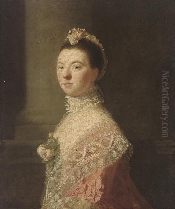 Portrait Of Anne, Lady North (c.
 1740-1797), Wife Of Fredericknorth, 2nd Baron North, 
Three-quarter-length, In A Pink Dress Andlace Shawl With Roses At Her 
Decolletage, And A Lace Headdress, Bya Column Oil Painting by Allan Ramsay
