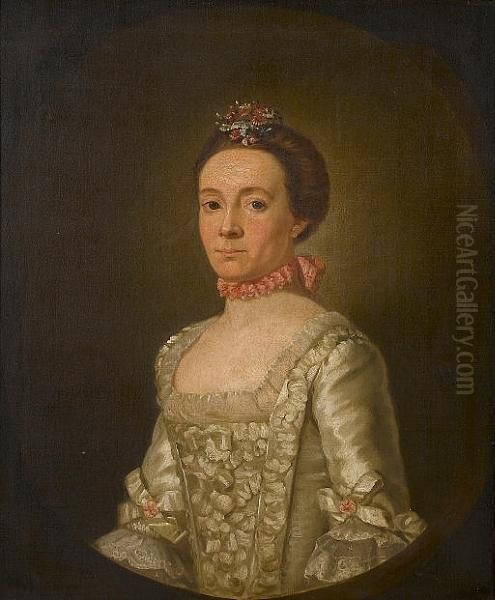 Portrait Of A Lady, Said To Be 
Jean Chanceller, Bust-length, In A White Dress With A Pink Ribbon Around
 Her Neck And Flowers In Her Hair, In A Painted Oval Oil Painting by Allan Ramsay