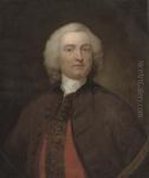 Portrait Of A Gentleman 
Traditionally Identified As Sir John Campbell, 4th Duke Of Argyll 
(c.1693-1770), Half-length, In A Brown Coat And Red Waistcoat, Feigned 
Oval Oil Painting by Allan Ramsay