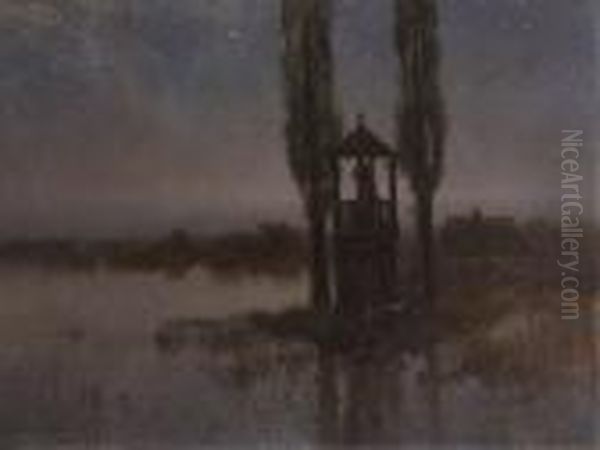 Nokturn - Kapliczka Z Figura Sw. Jana Nepomucena Oil Painting by Jozef Rapacki