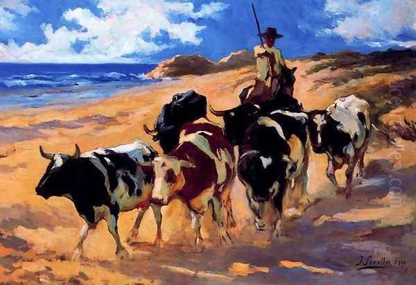 Oxen on the beach Oil Painting by Joaquin Sorolla Y Bastida