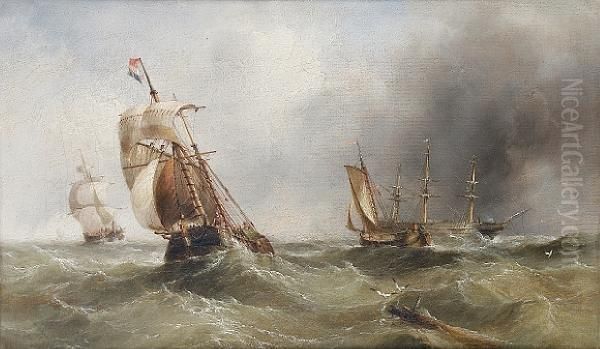 A Dutch Hoy And Other Vessels In
 A Heavy Swellwith An Anchored Three-masted Merchantman Beyond Oil Painting by Henry Redmore
