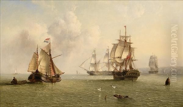 Merchantmen Going About Their 
Trade Off The Northeast Coast Of England, With A Dutch Hoy Further Out 
To Sea Oil Painting by Henry Redmore