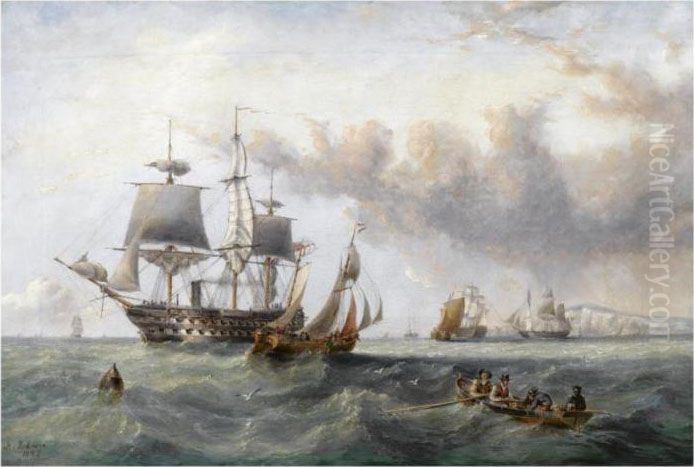 Men-of-war Of The White Squadron Off Dover Oil Painting by Henry Redmore