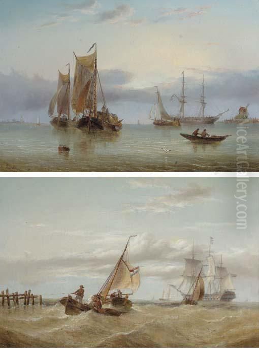 A Naval Two-decker Amidst Barges
 Off The Coast; And Hay Barges Andother Shipping In The Estuary Oil Painting by Henry Redmore