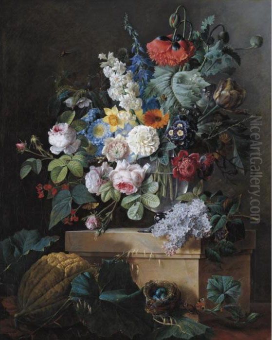 An Elaborate Still Life Of 
Flowers In A Glass Vase Resting On An Alabaster Pedestal With A Bird 
Nest And A Melon Below Oil Painting by Pierre-Joseph Redoute