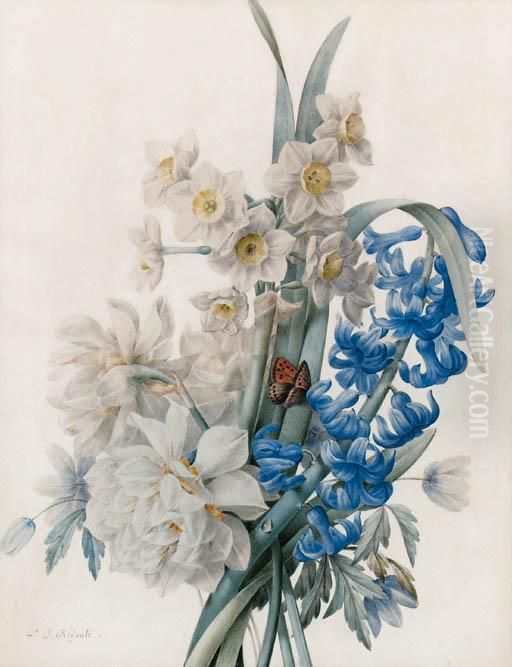 A Bunch Of Flowers Including Bluebells, Daffodils, And An Admiralbutterfly Oil Painting by Pierre-Joseph Redoute