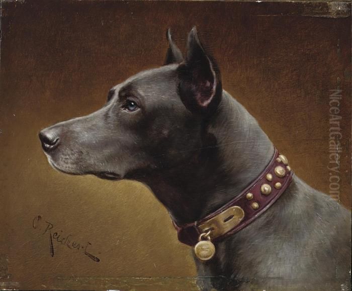 A Pincher Oil Painting by Carl Reichert