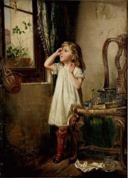 Girl With Birdcage Oil Painting by Carl Reichert