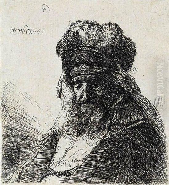 Old Bearded Man In A High Fur Cap, With Eyes Closed Oil Painting by Harmenszoon van Rijn Rembrandt