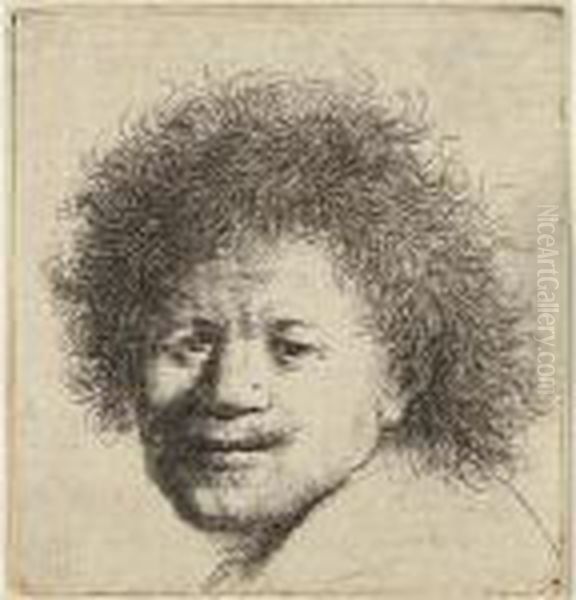 Self Portrait With Long Bushy Hair: Head Only Oil Painting by Harmenszoon van Rijn Rembrandt