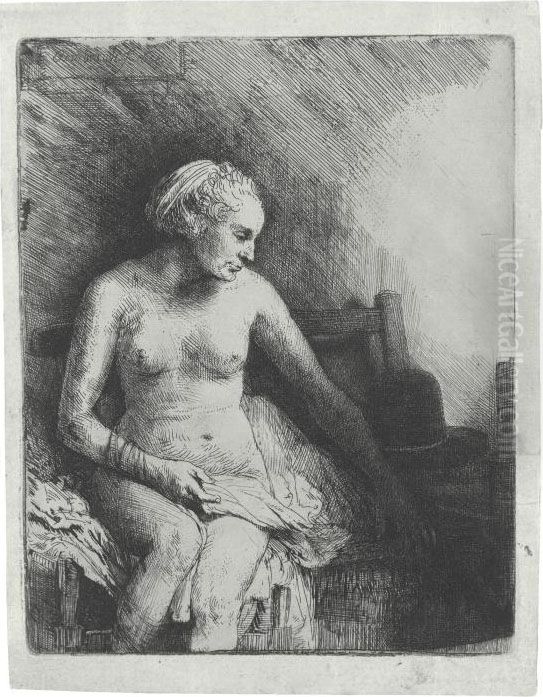Woman At The Bath With A Hat Beside Her Oil Painting by Harmenszoon van Rijn Rembrandt