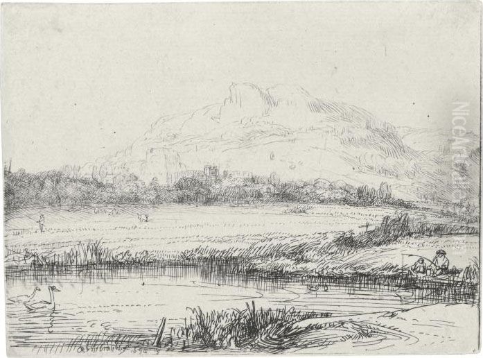 Canal With An Angler And Two Swans Oil Painting by Harmenszoon van Rijn Rembrandt