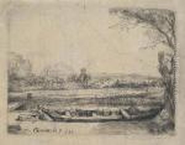 Canal With Large Boat And Bridge Oil Painting by Harmenszoon van Rijn Rembrandt