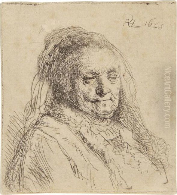 The Artist's Mother, Head And Bust: Three Quarters Right Oil Painting by Harmenszoon van Rijn Rembrandt