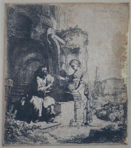 Christ And The Woman Of Samaria Amongst Ruins Oil Painting by Harmenszoon van Rijn Rembrandt
