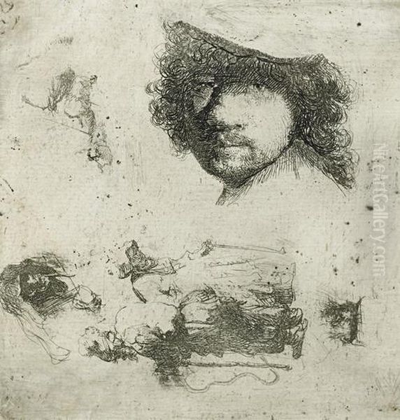 Head Of The Artist, A Beggar Couple, Heads Of An Old Man And Old Woman Oil Painting by Harmenszoon van Rijn Rembrandt