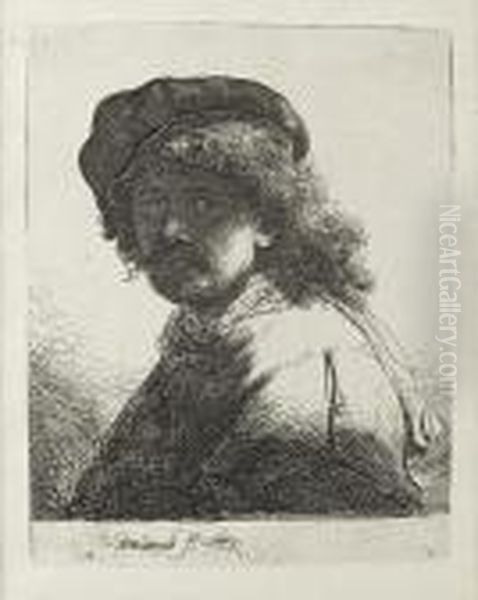 Self Portrait In Cap And Scarf With The Face Dark: Bust Oil Painting by Harmenszoon van Rijn Rembrandt