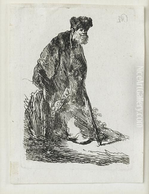 Man In Fur Cap And Cloak Leaning Against A Bank Oil Painting by Harmenszoon van Rijn Rembrandt