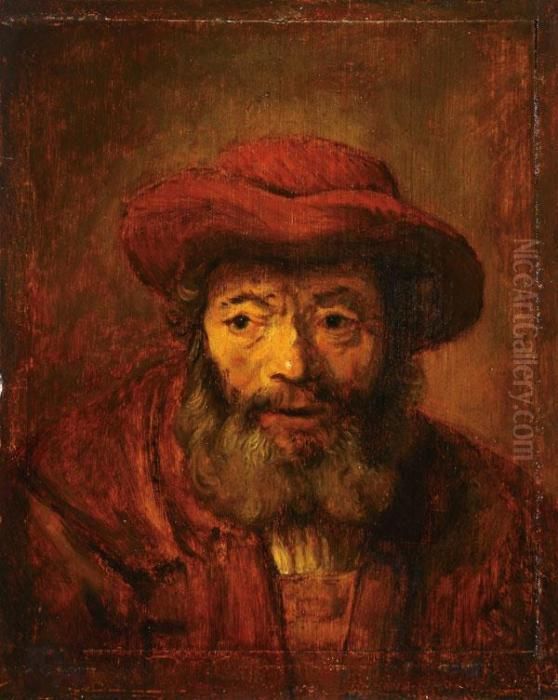 Man With A Beard Wearing Red Hat Oil Painting by Harmenszoon van Rijn Rembrandt