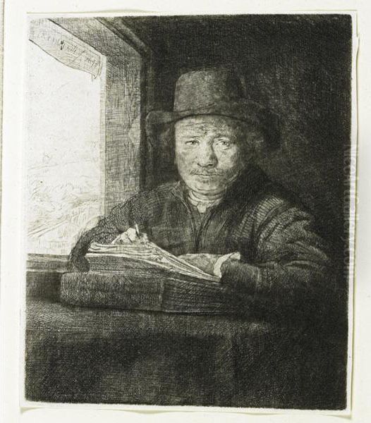 Self Portrait Drawing At The Window Oil Painting by Harmenszoon van Rijn Rembrandt