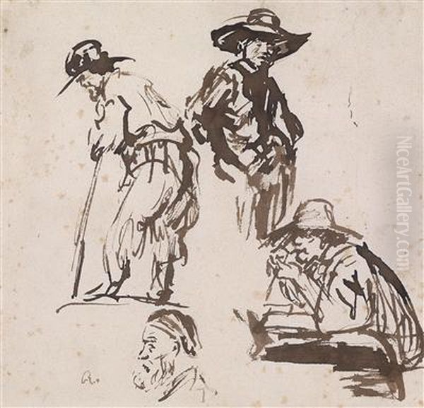 A Study Sheet With Several Figures Oil Painting by Harmenszoon van Rijn Rembrandt