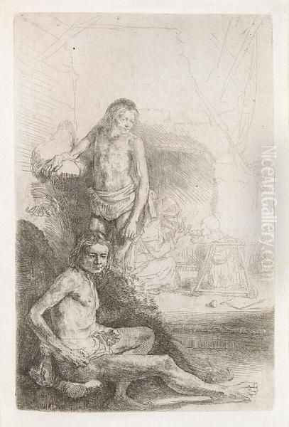 Nude Man Seated And Another Standing With A Woman And A Baby Oil Painting by Harmenszoon van Rijn Rembrandt