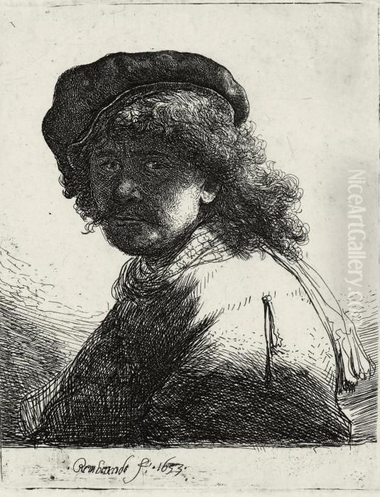 Self-portrait In A Cap And Scarf With The Face Dark: Bust Oil Painting by Harmenszoon van Rijn Rembrandt