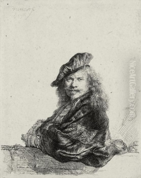 Self-portrait Leaning On A Stone Sill Oil Painting by Harmenszoon van Rijn Rembrandt