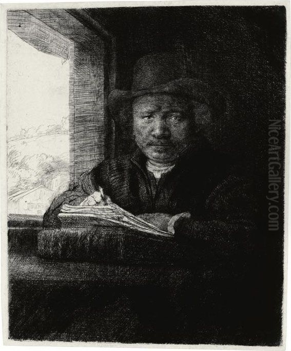 Self-portrait Drawing At A Window Oil Painting by Harmenszoon van Rijn Rembrandt