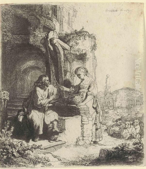 Christ And The Woman Of Samaria Among Ruins Oil Painting by Harmenszoon van Rijn Rembrandt