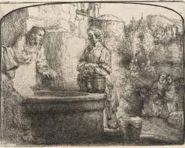 Christ And The Woman Of Samaria: An Arched Print Oil Painting by Harmenszoon van Rijn Rembrandt
