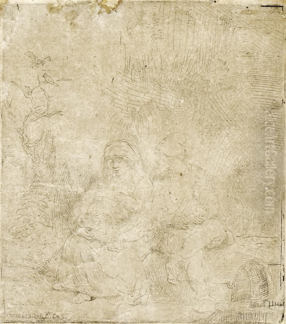 Rest On The Flight (weakly Etched) Oil Painting by Harmenszoon van Rijn Rembrandt