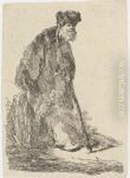 A Man In A Coat And Fur Cap Leaning Against A Bank Oil Painting by Harmenszoon van Rijn Rembrandt