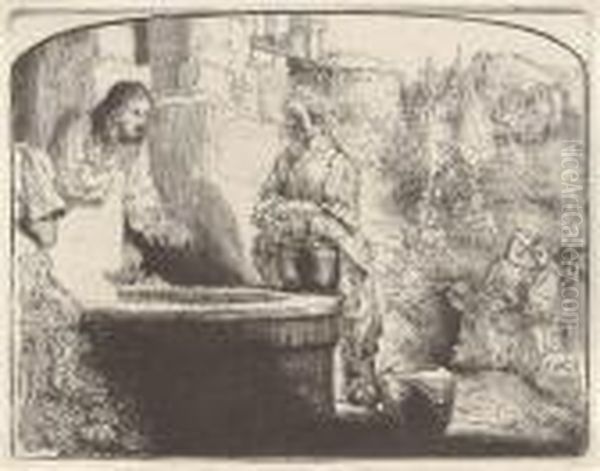 Christ And The Woman Of Samaria: An Arched Print Oil Painting by Harmenszoon van Rijn Rembrandt