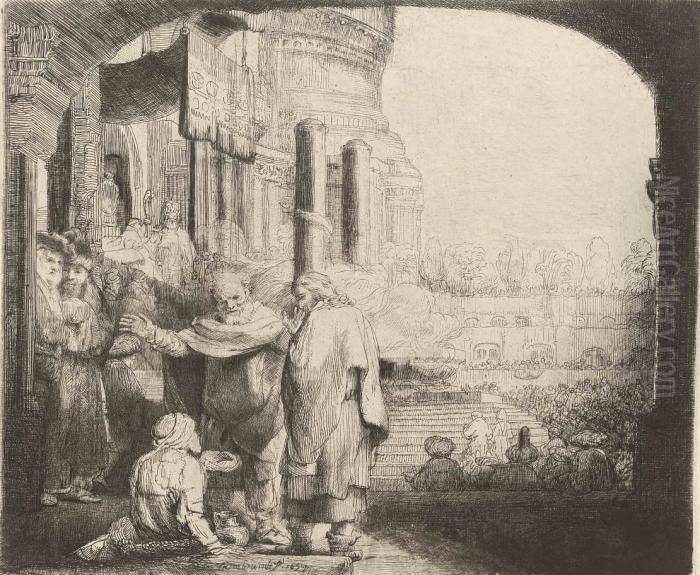 Saint Peter And Saint John Healing The Cripple At The Gate Of The Temple Oil Painting by Harmenszoon van Rijn Rembrandt