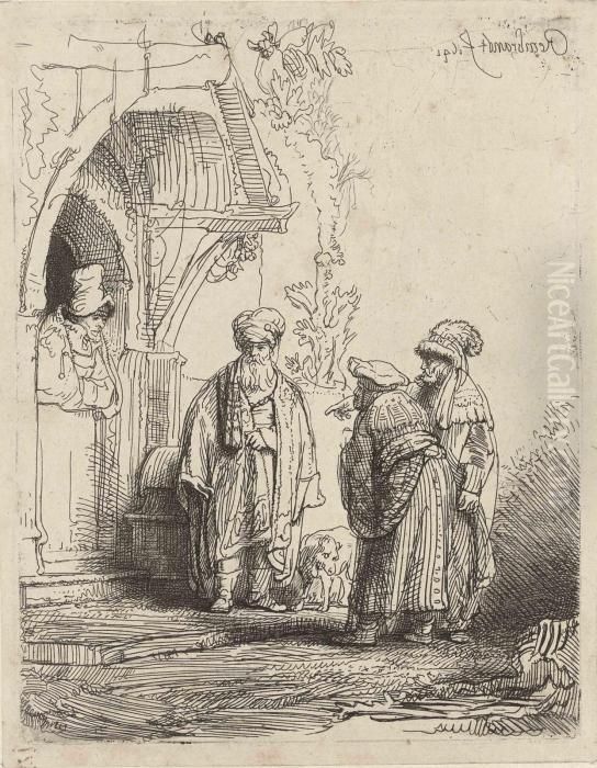 Three Oriental Figures: Jacob And Laban Oil Painting by Harmenszoon van Rijn Rembrandt