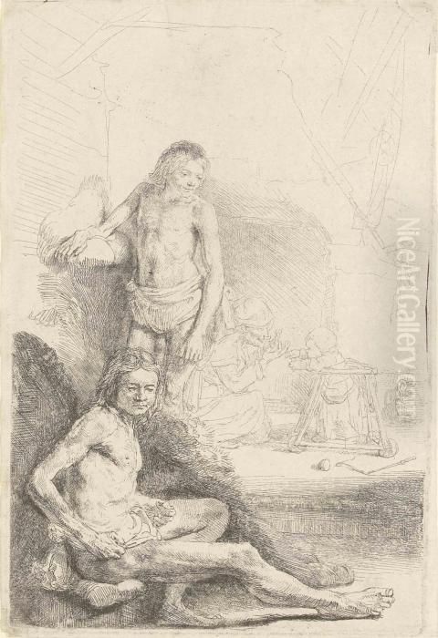 A Nude Man Standing, Another 
Seated, With A Woman And A Baby Lightly Etched In The Background Oil Painting by Harmenszoon van Rijn Rembrandt