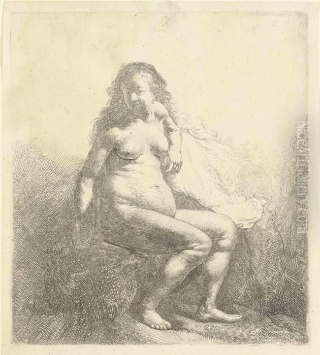 A Naked Woman Seated On A Mound Oil Painting by Harmenszoon van Rijn Rembrandt