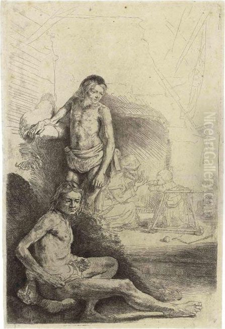 A Nude Man Seated And Another Standing Oil Painting by Harmenszoon van Rijn Rembrandt