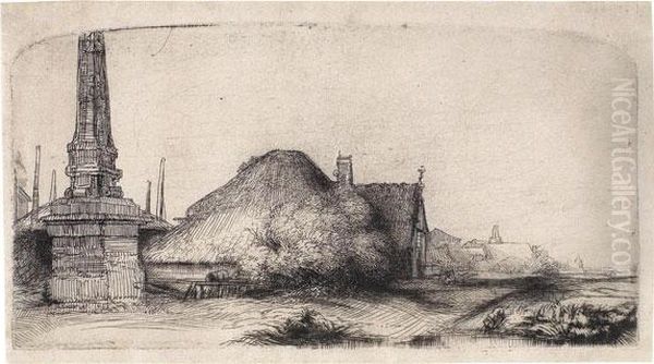 Die Landschaft Mit Dem Meilenstein Bei Halfweg Zwischen Amsterdam Und Haarlem Oil Painting by Harmenszoon van Rijn Rembrandt