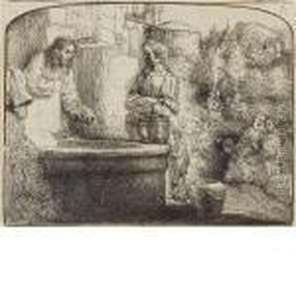 Christ And The Woman Of Samaria: 
An Arched Print Oil Painting by Harmenszoon van Rijn Rembrandt