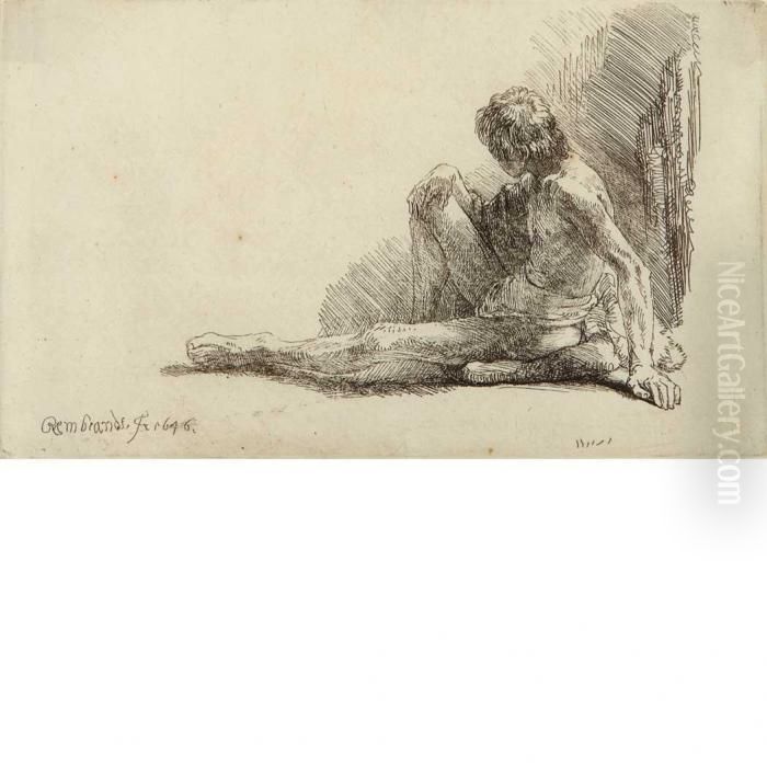 Nude Man Seated On The Ground With One Leg Extended Oil Painting by Harmenszoon van Rijn Rembrandt